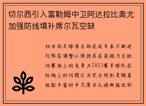 切尔西引入富勒姆中卫阿达拉比奥尤加强防线填补席尔瓦空缺 切尔西引入富勒姆中卫阿达拉比奥尤加强防线填补席尔瓦空缺