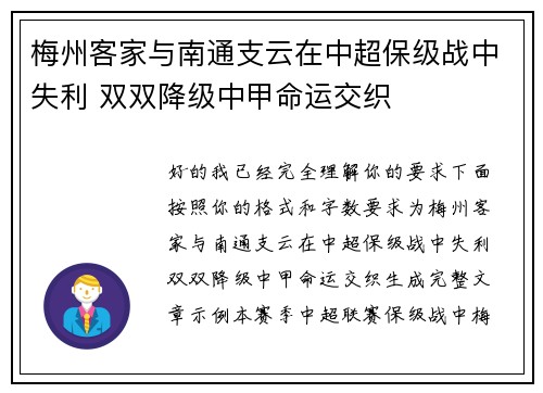 梅州客家与南通支云在中超保级战中失利 双双降级中甲命运交织 梅州客家与南通支云在中超保级战中失利 双双降级中甲命运交织