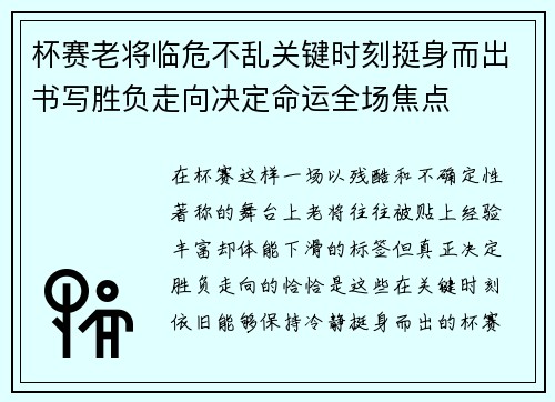 杯赛老将临危不乱关键时刻挺身而出书写胜负走向决定命运全场焦点 杯赛老将临危不乱关键时刻挺身而出书写胜负走向决定命运全场焦点